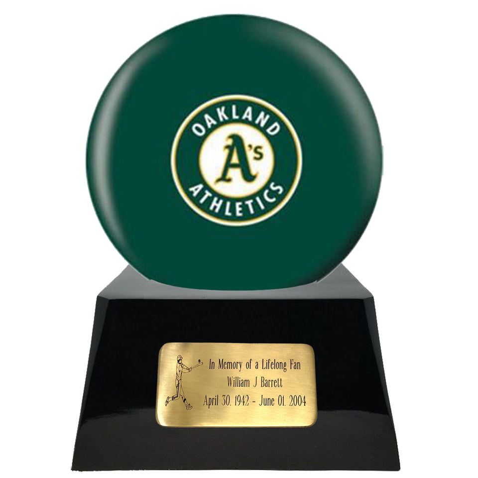 Baseball Cremation Urn with Optional Oakland Athletics Ball Decor and Custom Metal Plaque