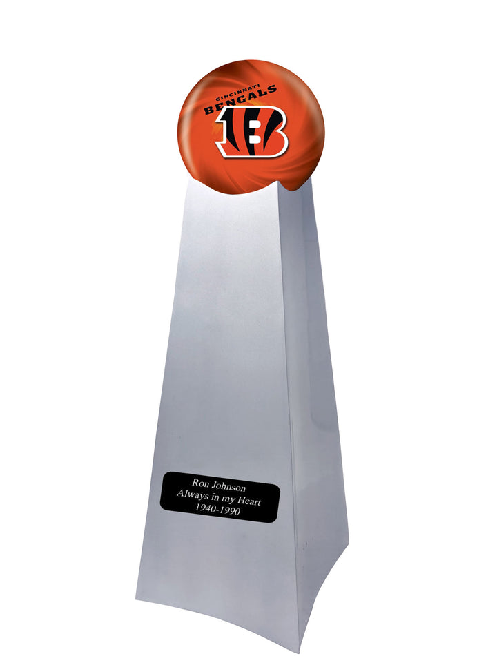 Championship Trophy Cremation Urn with Optional Football and Cincinnati Bengals Ball Decor and Custom Metal Plaque