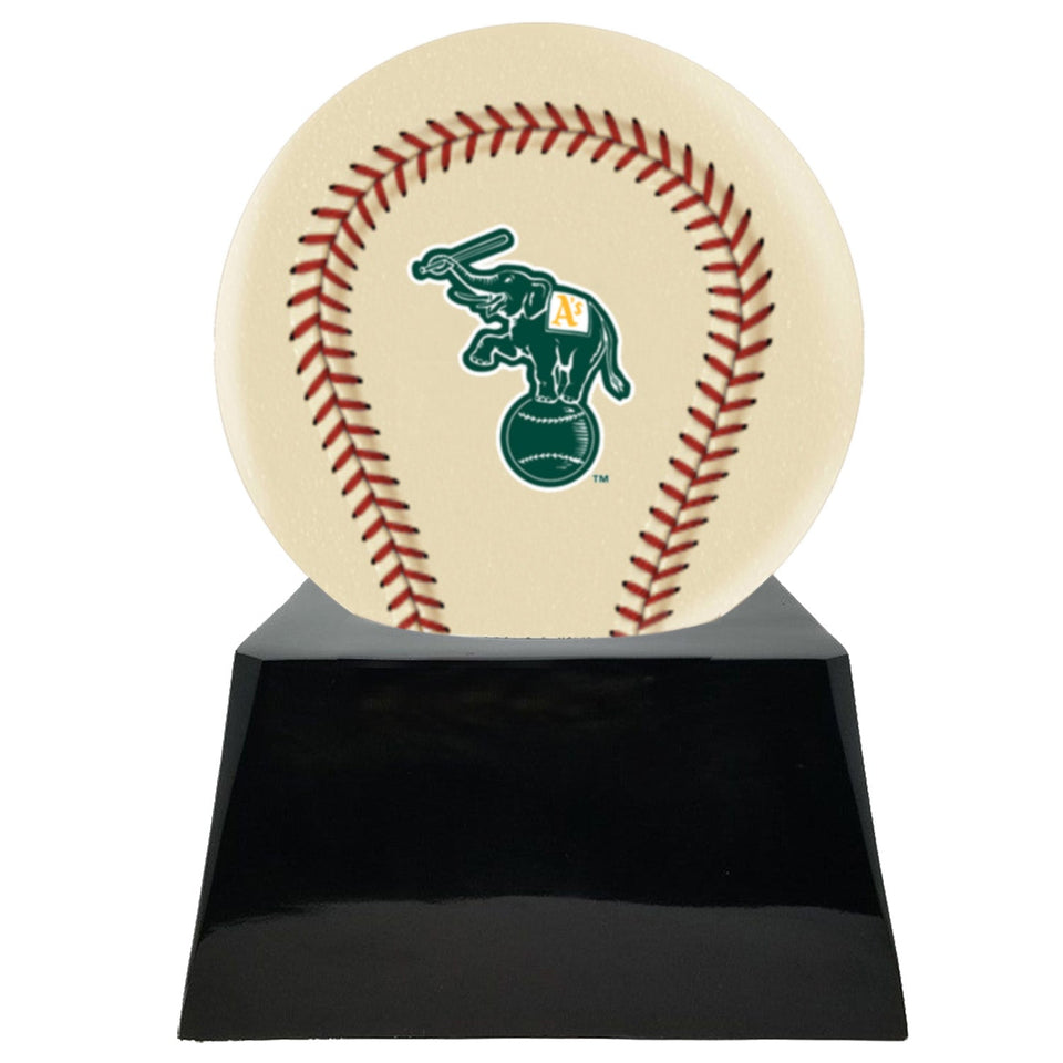 Baseball Cremation Urn with Optional Ivory Oakland Athetics Ball Decor and Custom Metal Plaque - ExquisiteUrns