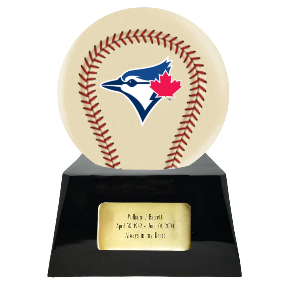 Baseball Cremation Urn with Optional Ivory Toronto Blue Jays Ball Decor and Custom Metal Plaque - ExquisiteUrns