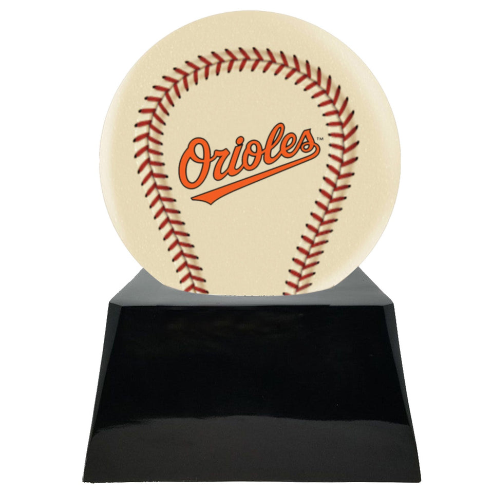 Baseball Cremation Urn with Optional Ivory Baltimore Orioles Ball Decor and Custom Metal Plaque - ExquisiteUrns