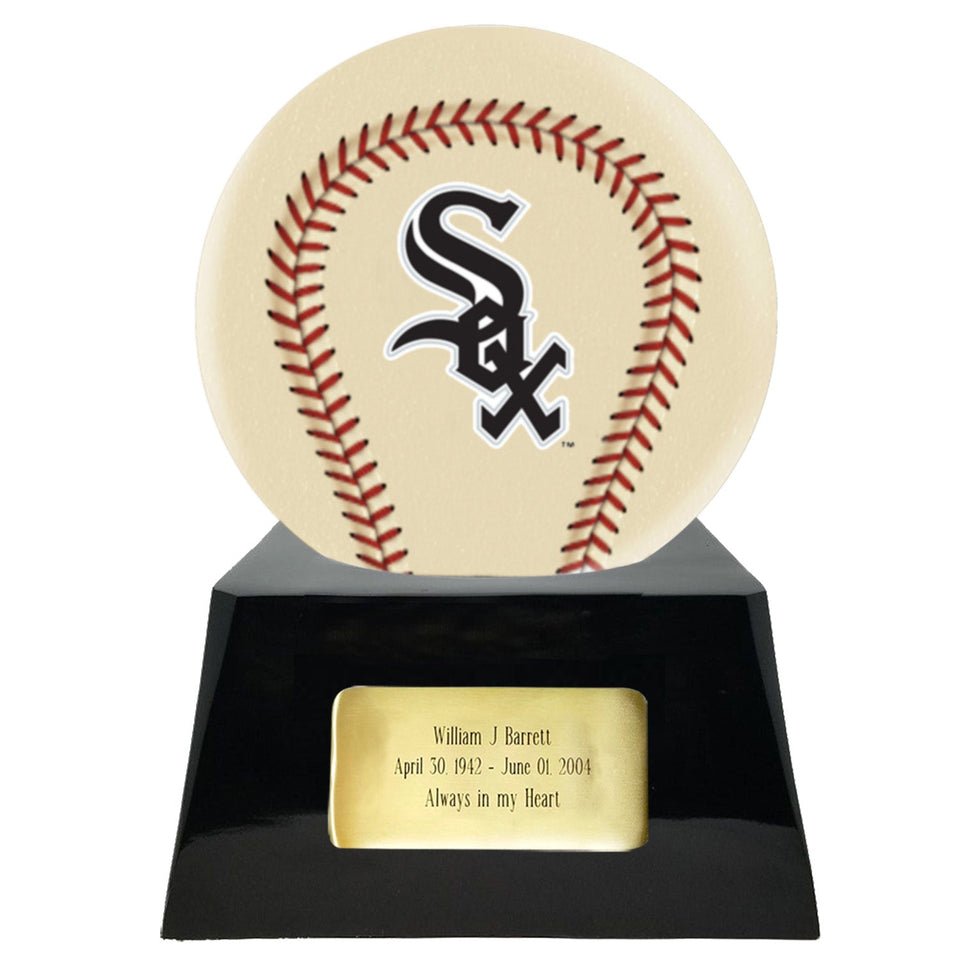 Baseball Cremation Urn with Optional Ivory Chicago White Sox Ball Decor and Custom Metal Plaque - ExquisiteUrns