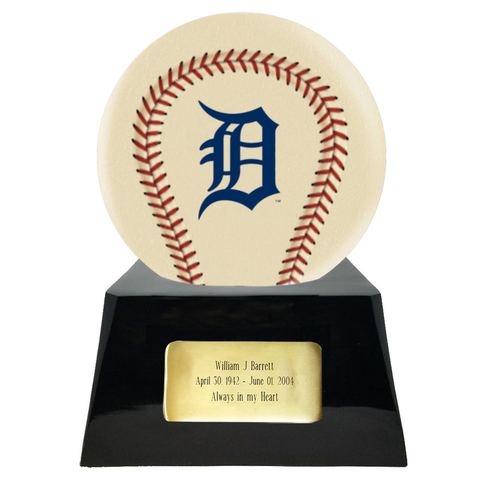 Baseball Cremation Urn with Optional Ivory Detroit Tigers Ball Decor and Custom Metal Plaque - ExquisiteUrns