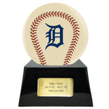 Baseball Cremation Urn with Optional Ivory Detroit Tigers Ball Decor and Custom Metal Plaque - ExquisiteUrns