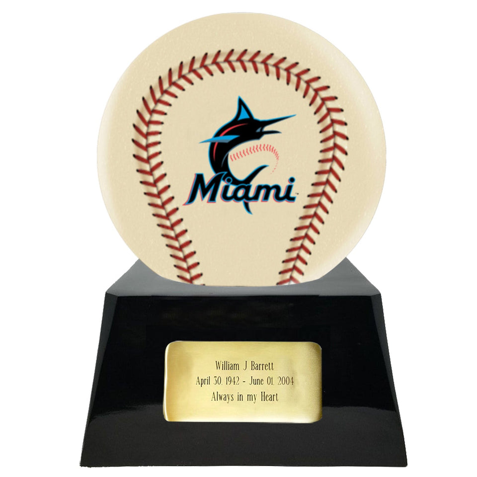 Baseball Cremation Urn with Optional Ivory Miami Marlins Ball Decor and Custom Metal Plaque - ExquisiteUrns