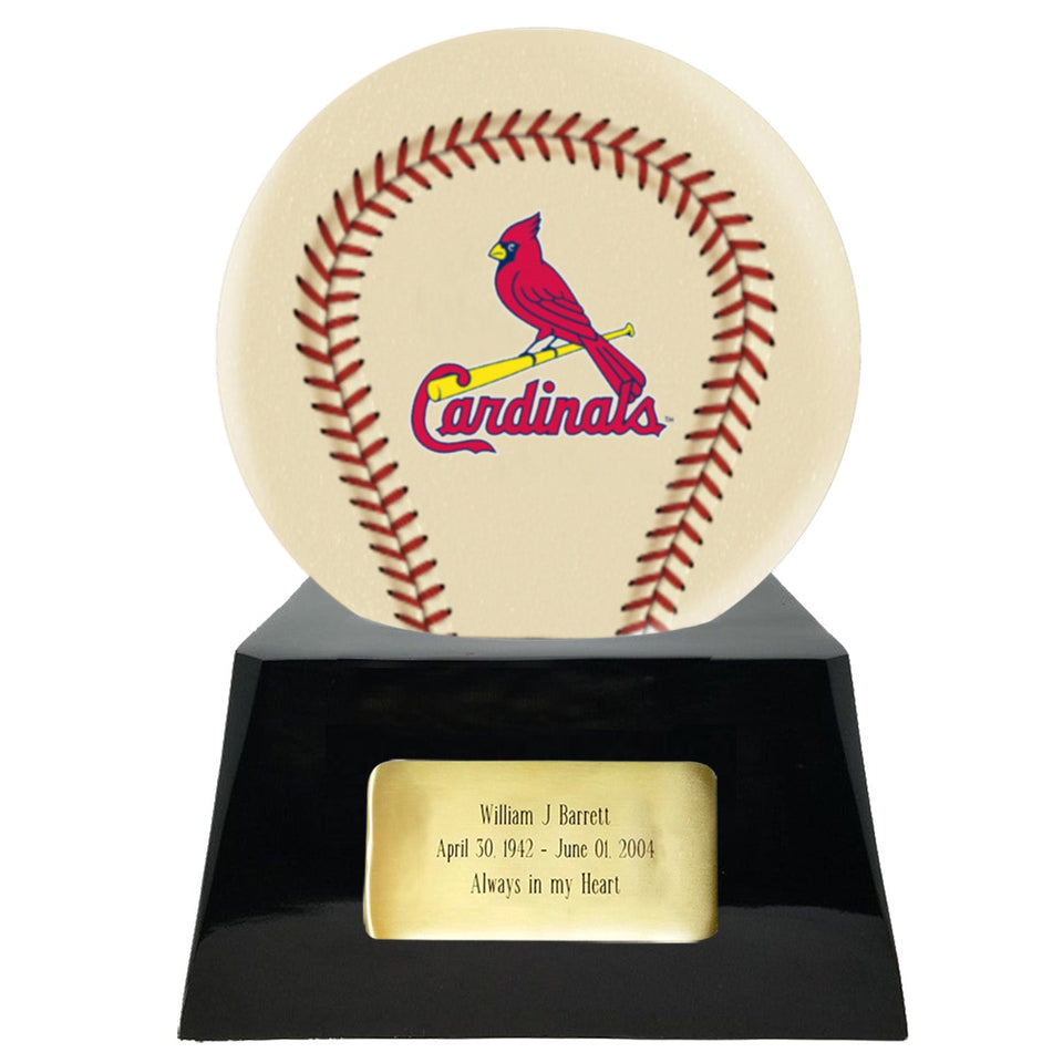 Baseball Cremation Urn with Optional Ivory St. Louis Cardinals Ball Decor and Custom Metal Plaque - ExquisiteUrns