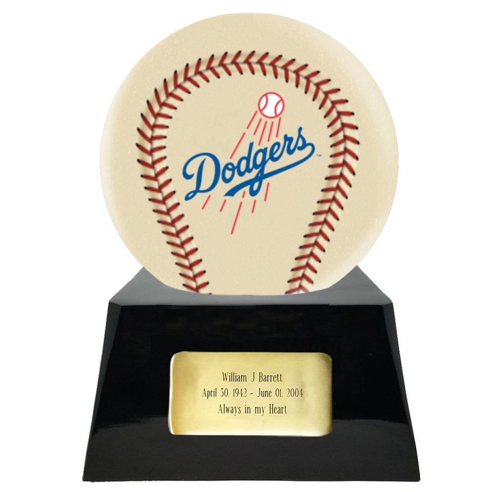 Baseball Cremation Urn with Optional Ivory Los Angeles Dodgers Ball Decor and Custom Metal Plaque - ExquisiteUrns