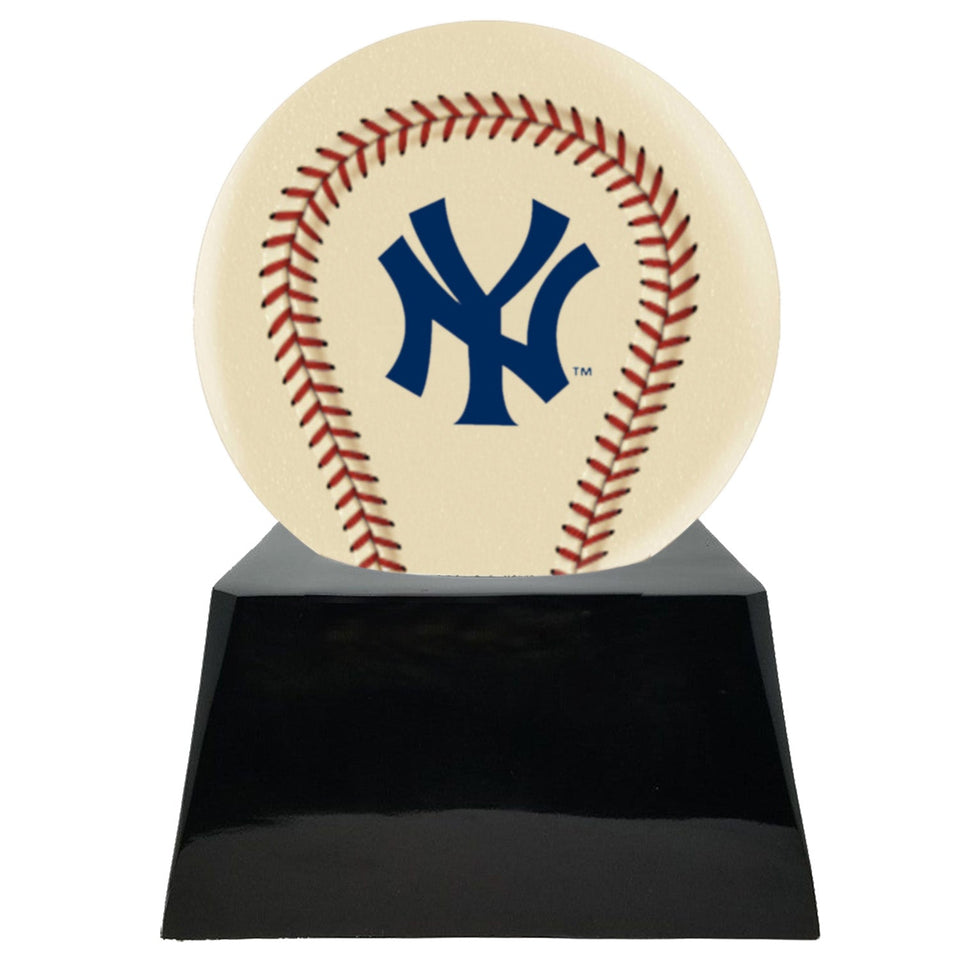 Baseball Cremation Urn with Optional Ivory New York Yankees Ball Decor and Custom Metal Plaque - ExquisiteUrns