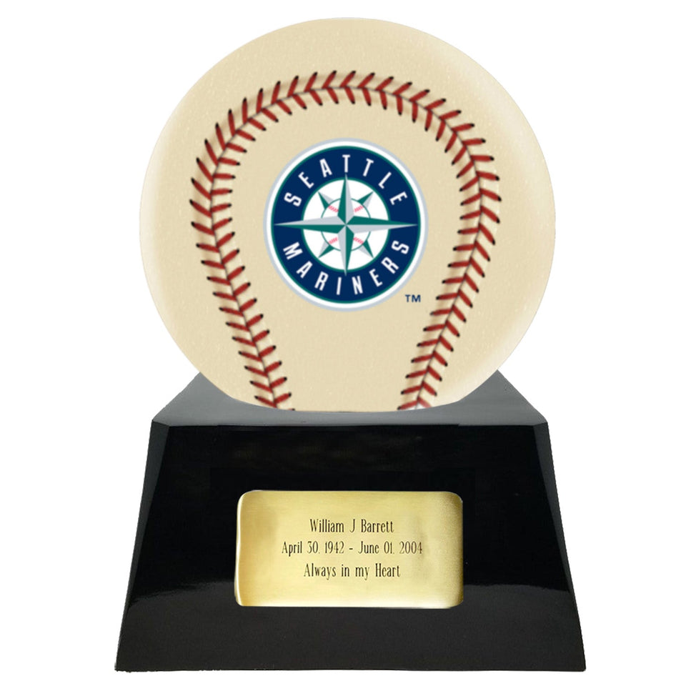 Baseball Cremation Urn with Optional Ivory Seattle Mariners Ball Decor and Custom Metal Plaque - ExquisiteUrns