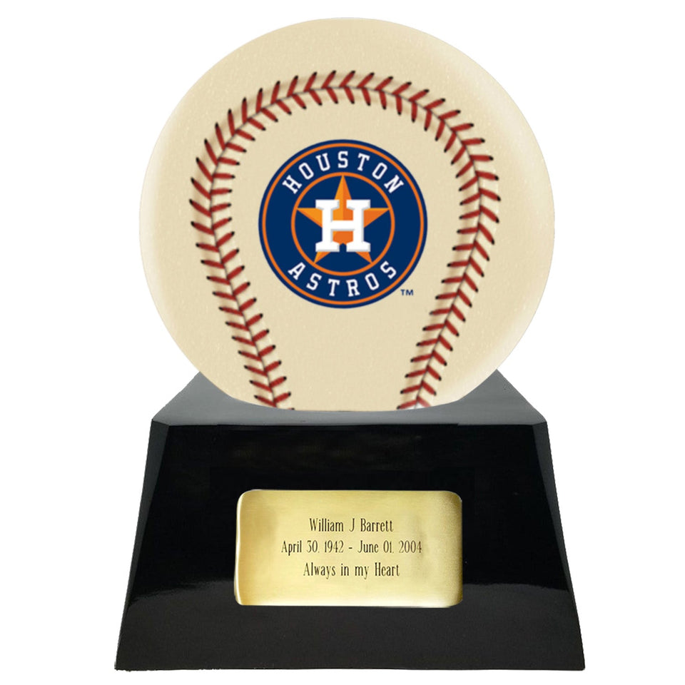 Baseball Cremation Urn with Optional Ivory Houston Astros Ball Decor and Custom Metal Plaque - ExquisiteUrns