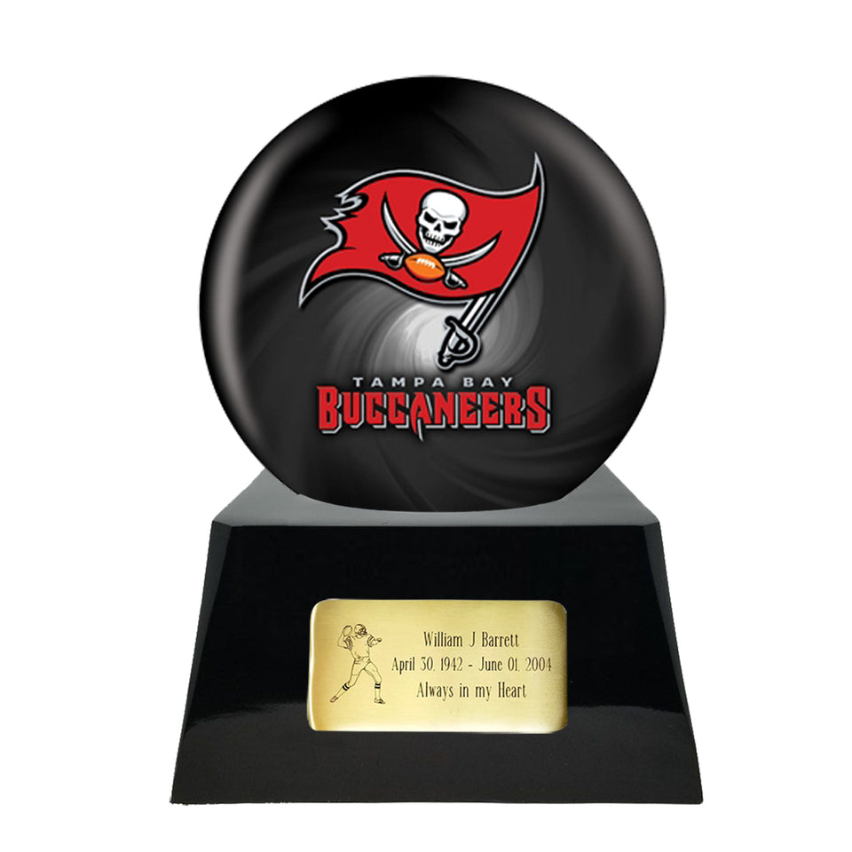 Football Cremation Urn with Optional Tampa Bay Buccaneers Ball Decor and Custom Metal Plaque