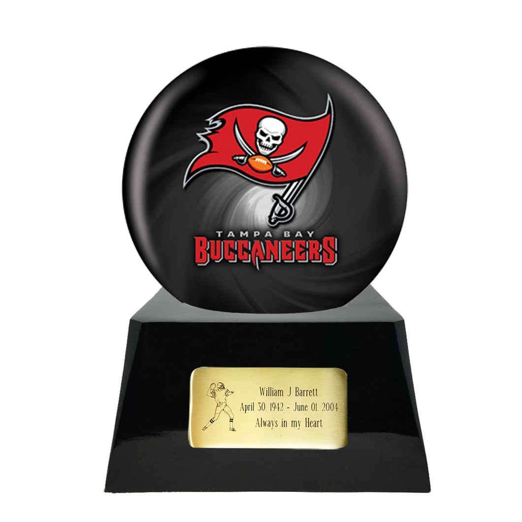 Football Cremation Urn with Optional Tampa Bay Buccaneers Ball Decor and Custom Metal Plaque