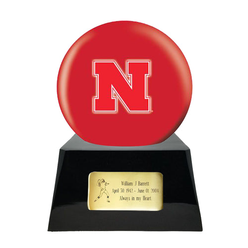 Football Cremation Urn with Optional Nebraska Cornhuskers Ball Decor and Custom Metal Plaque