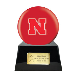 Football Cremation Urn with Optional Nebraska Cornhuskers Ball Decor and Custom Metal Plaque