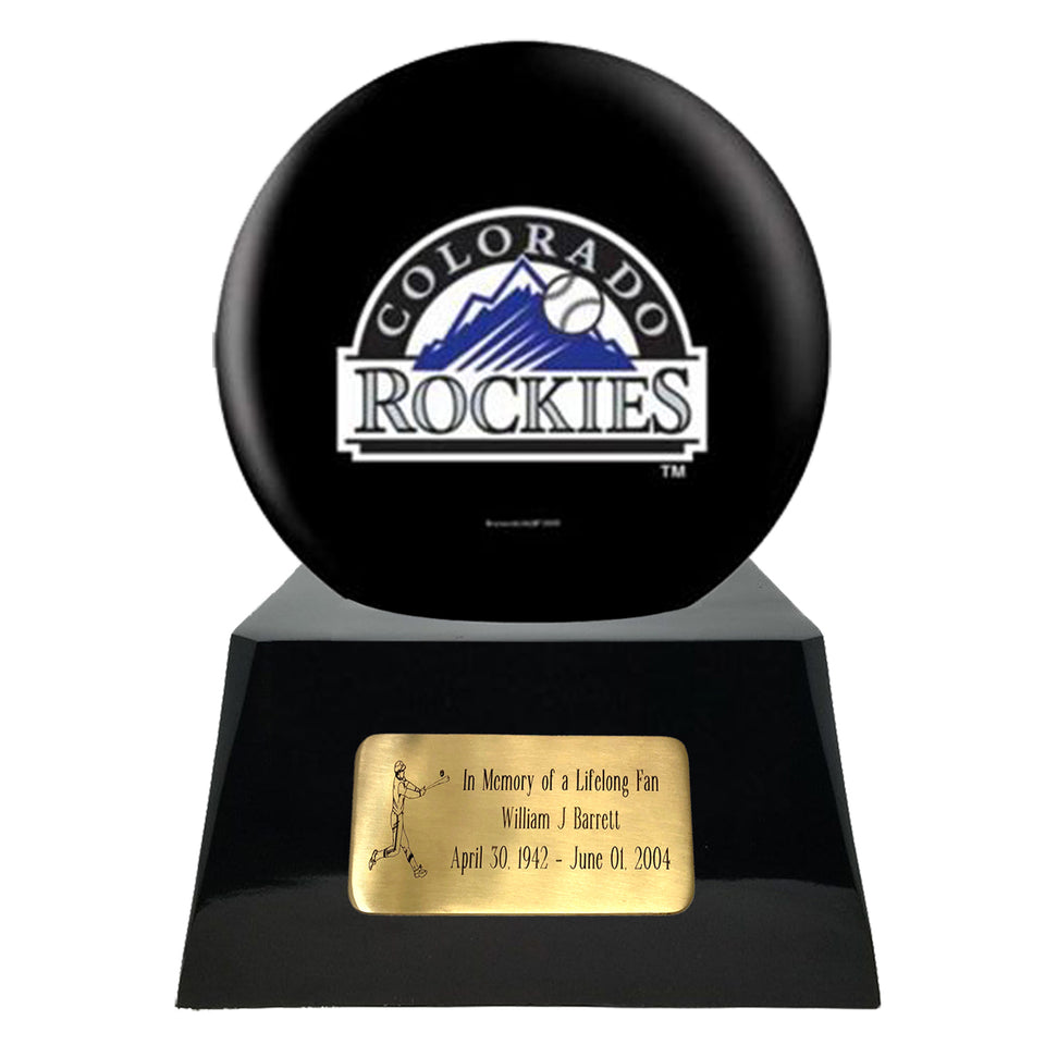 Baseball Cremation Urn with Optional Colorado Rockies Ball Decor and Custom Metal Plaque