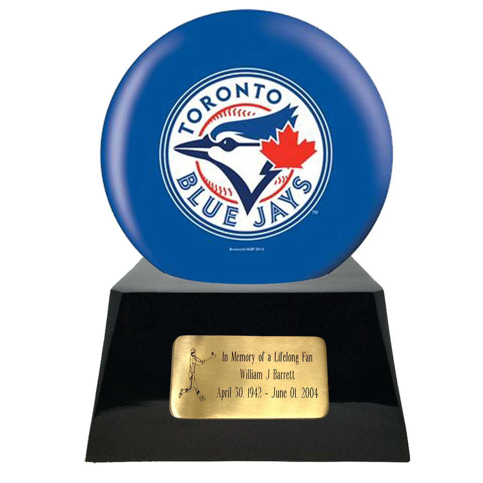 Baseball Cremation Urn with Optional Toronto Blue Jays Ball Decor and Custom Metal Plaque