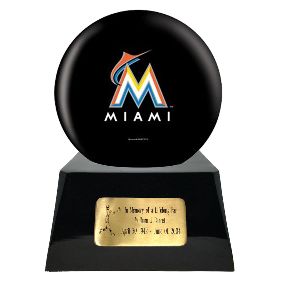 Baseball Cremation Urn with Optional Miami Marlins Ball Decor and Custom Metal Plaque