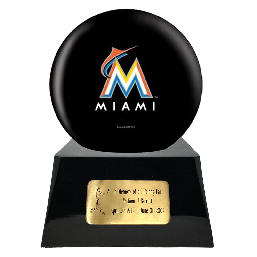 Baseball Cremation Urn with Optional Miami Marlins Ball Decor and Custom Metal Plaque