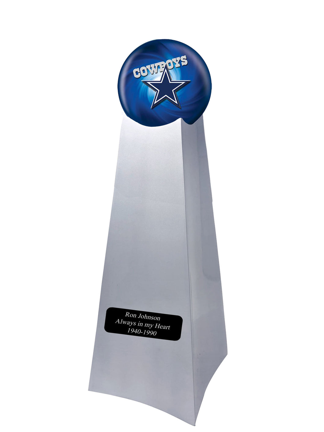 Championship Trophy Cremation Urn with Optional Football and Dallas Cowboys Ball Decor and Custom Metal Plaque
