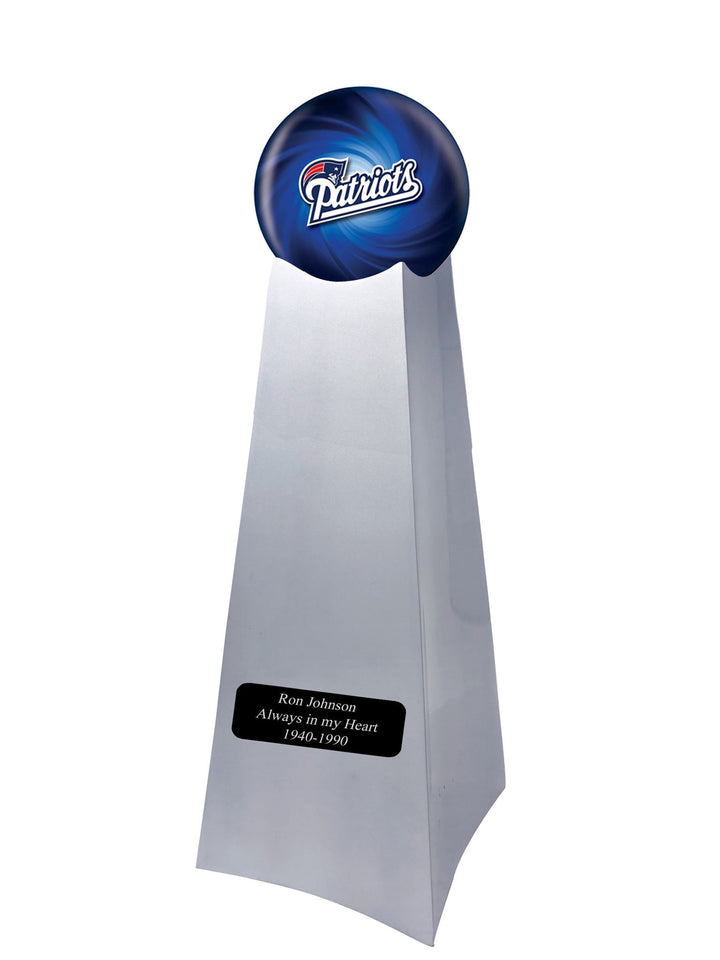 Championship Trophy Cremation Urn with Optional Football and New England Patriots Ball Decor and Custom Metal Plaque