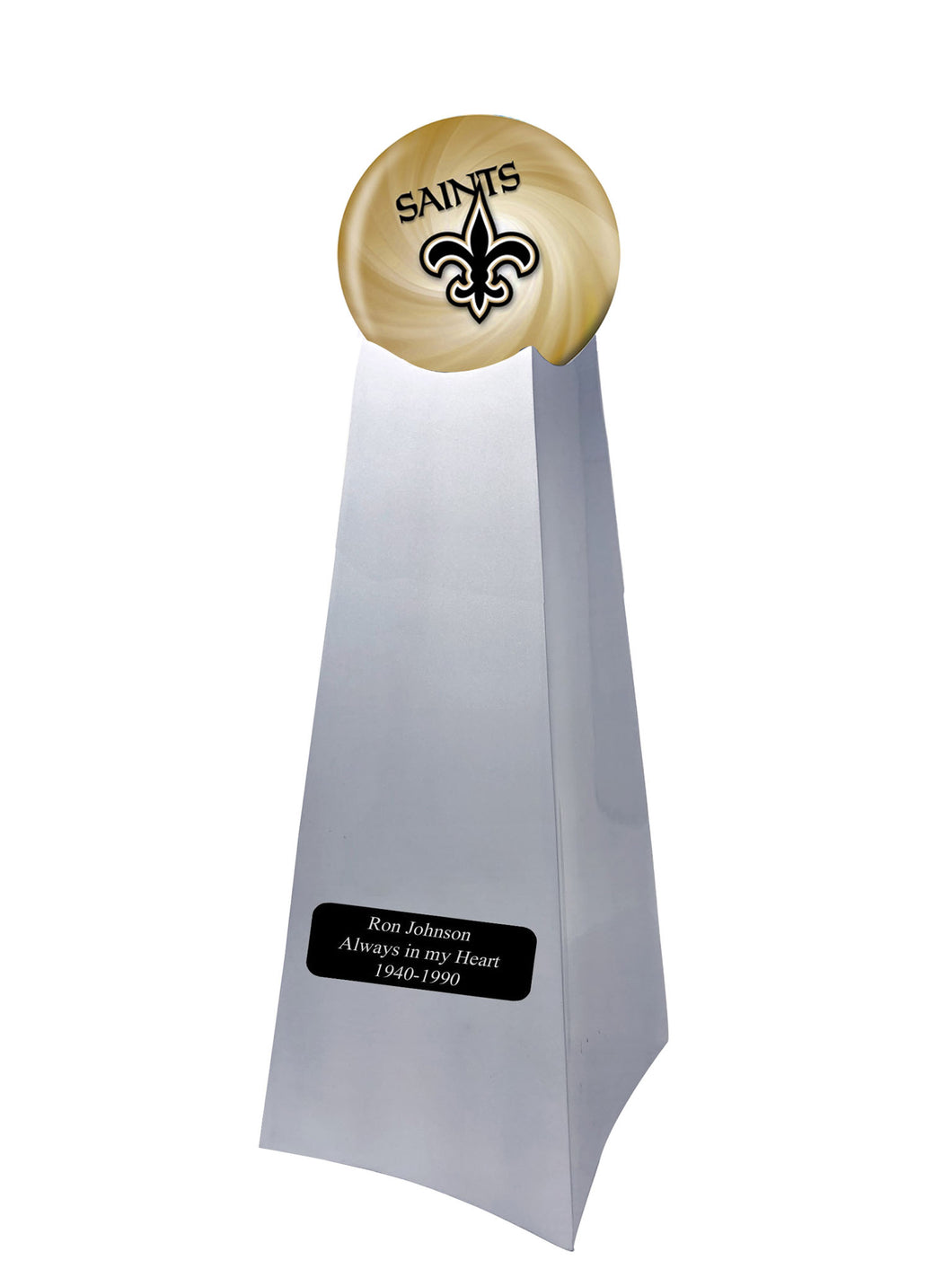 Championship Trophy Cremation Urn with Optional Football and New Orleans Saints Ball Decor and Custom Metal Plaque