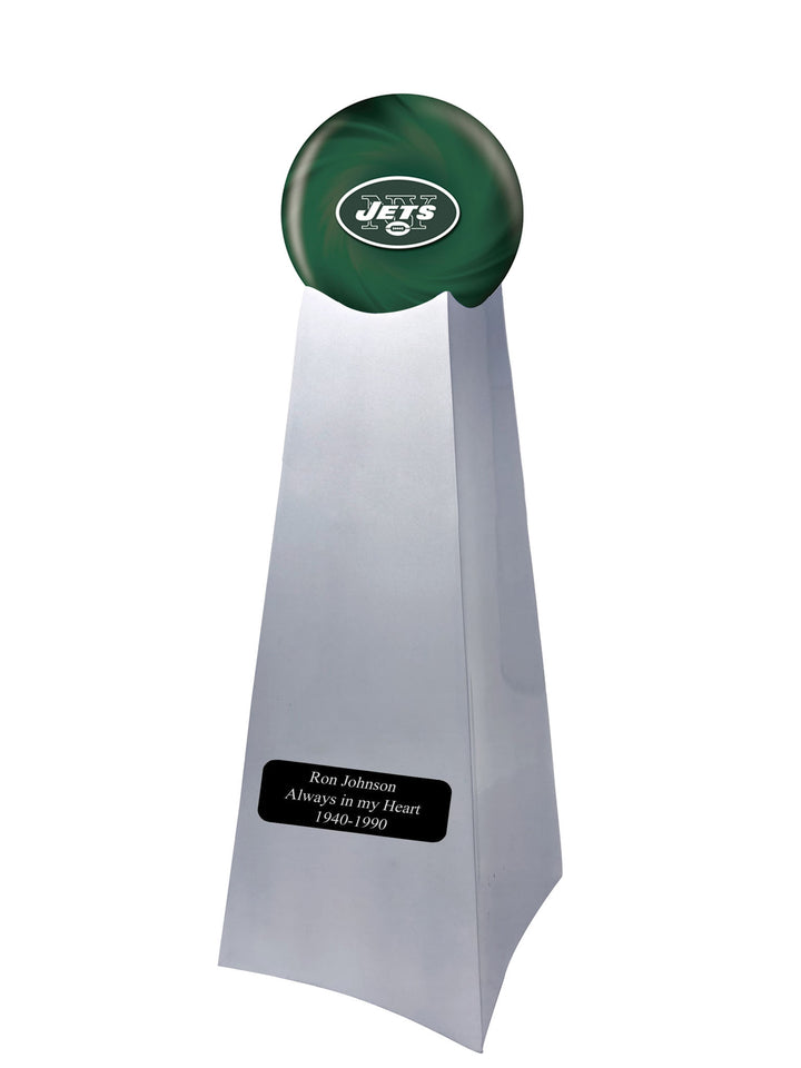 Championship Trophy Cremation Urn with Optional Football and New York Jets Ball Decor and Custom Metal Plaque