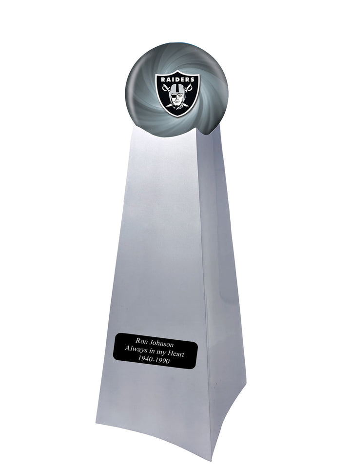 Championship Trophy Cremation Urn with Optional Football and Las Vegas Raiders Ball Decor and Custom Metal Plaque