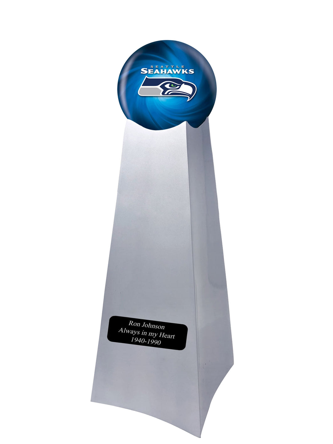Championship Trophy Cremation Urn with Optional Football and Seattle Seahawks Ball Decor and Custom Metal Plaque