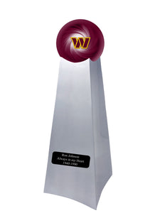 Championship Trophy Cremation Urn with Optional Football and Washington Commanders Ball Decor and Custom Metal Plaque