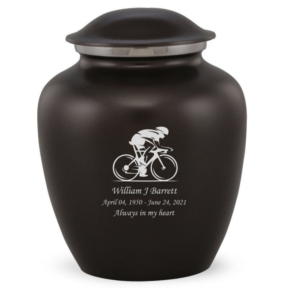 Grace Bicyclist Adult Cremation Urn in Black, Grace Bicyclist Adult Custom Engraved Urns for Ashes in Black, Embrace Bicyclist Adult Cremation Urn in Black, Embrace Bicyclist Adult Urn for Ashes in Black, Embrace Bicyclist Cremation Urn in Black, Embrace Bicyclist Urn for Ashes in Black, Grace Bicyclist Urn for Ashes in Black, Grace Bicyclist Cremation Urn in Black - ExquisiteUrns