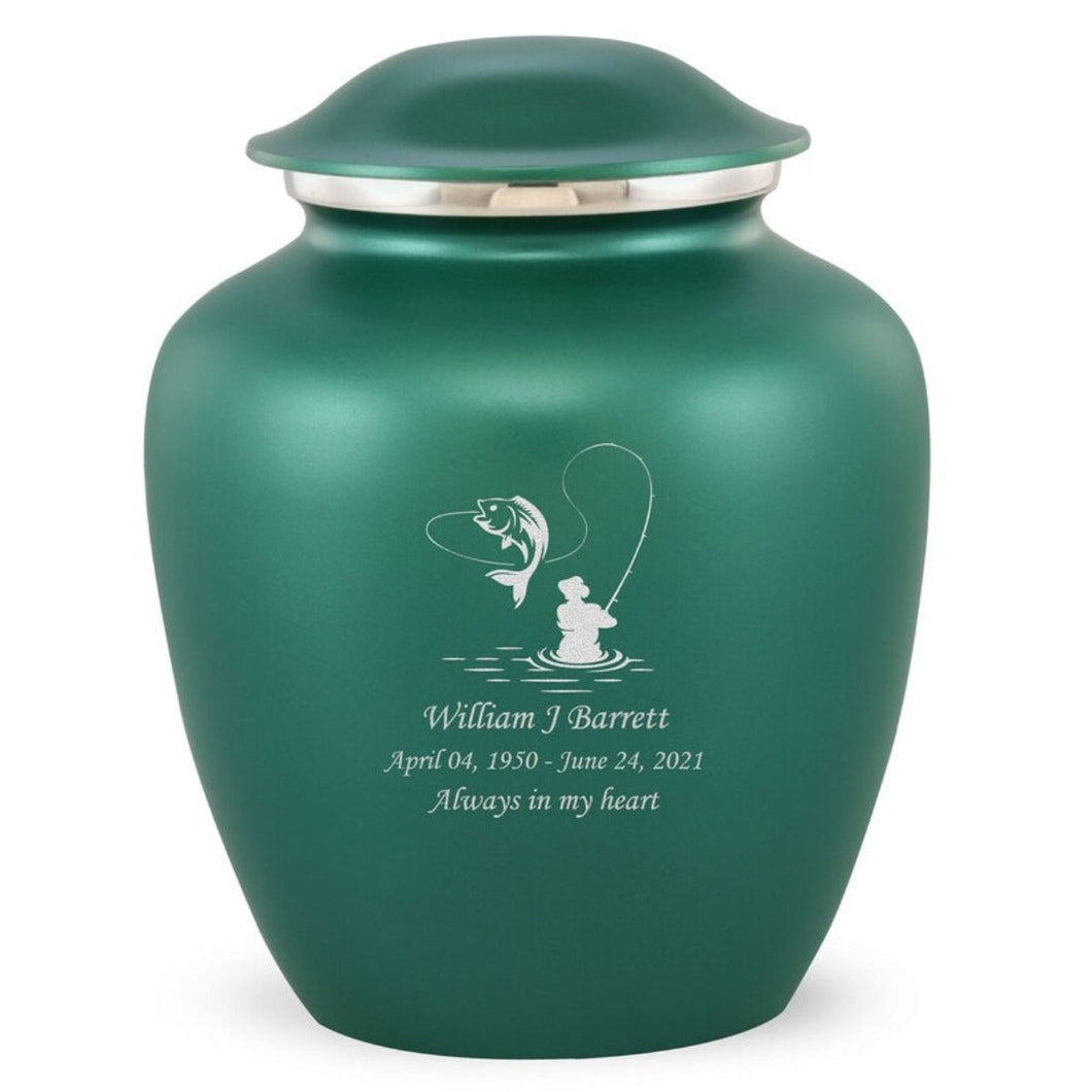 Grace Fishing Adult Cremation Urn in Green, Grace Fishing Adult Custom Engraved Urns for Ashes in Green, Embrace Fishing Adult Cremation Urn in Green, Embrace Fishing Adult Urn for Ashes in Green, Embrace Fishing Cremation Urn in Green, Embrace Fishing Urn for Ashes in Green, Grace Fishing Urn for Ashes in Green, Grace Fishing Cremation Urn in Green - ExquisiteUrns