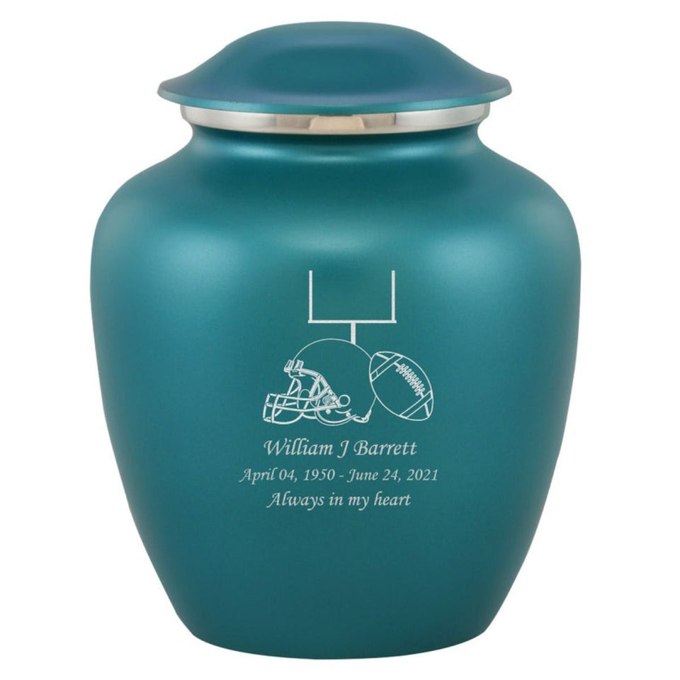 Grace Football Adult Cremation Urn in Teal, Grace Football Adult Custom Engraved Urns for Ashes in Teal, Embrace Football Adult Cremation Urn in Teal, Embrace Football Adult Urn for Ashes in Teal, Embrace Football Cremation Urn in Teal, Embrace Football Urn for Ashes in Teal, Grace Football Urn for Ashes in Teal, Grace Football Cremation Urn in Teal - ExquisiteUrns