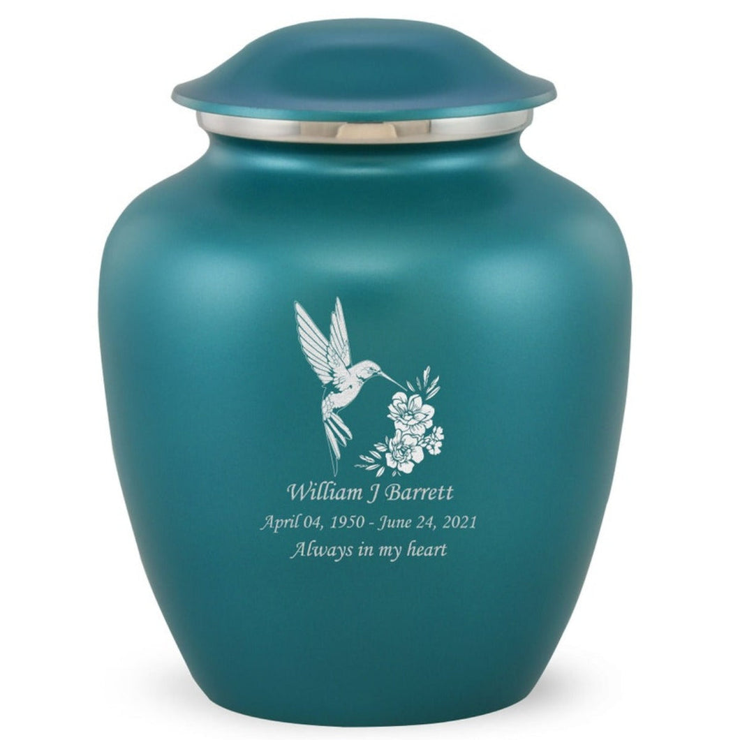 Grace Hummingbird Adult Cremation Urn in Teal, Grace Hummingbird Adult Custom Engraved Urns for Ashes in Teal, Embrace Hummingbird Adult Cremation Urn in Teal, Embrace Hummingbird Adult Urn for Ashes in Teal, Embrace Hummingbird Cremation Urn in Teal, Embrace Hummingbird Urn for Ashes in Teal, Grace Hummingbird Urn for Ashes in Teal, Grace Hummingbird Cremation Urn in Teal - ExquisiteUrns