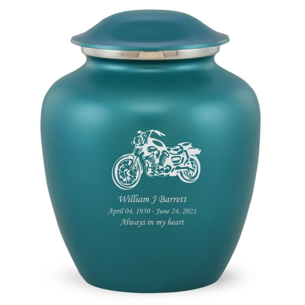 Grace Motorcycle Adult Cremation Urn in Teal, Grace Motorcycle Adult Custom Engraved Urns for Ashes in Teal, Embrace Motorcycle Adult Cremation Urn in Teal, Embrace Motorcycle Adult Urn for Ashes in Teal, Embrace Motorcycle Cremation Urn in Teal, Embrace Motorcycle Urn for Ashes in Teal, Grace Motorcycle Urn for Ashes in Teal, Grace Motorcycle Cremation Urn in Teal - ExquisiteUrns