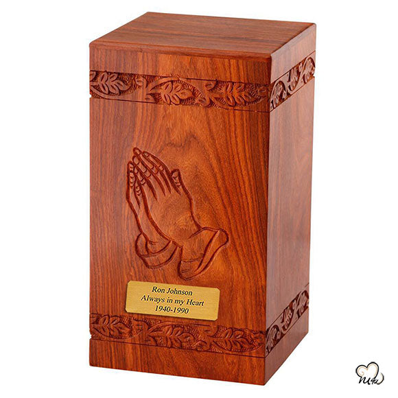 Solid Rosewood Cremation Urn with Hand Carved Praying Hand - ExquisiteUrns