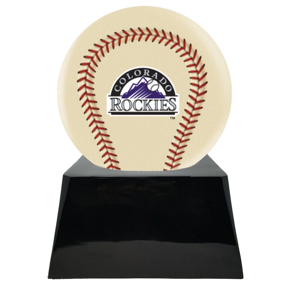 Baseball Cremation Urn with Optional Ivory Colorado Rockies Ball Decor and Custom Metal Plaque - ExquisiteUrns