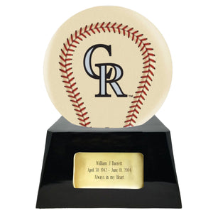 Baseball Cremation Urn with Optional Ivory Colorado Rockies Ball Decor and Custom Metal Plaque - ExquisiteUrns