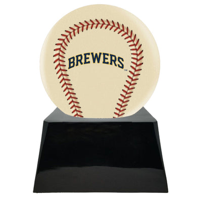 Baseball Cremation Urn with Optional Ivory Milwaukee Brewers Ball Decor and Custom Metal Plaque - ExquisiteUrns