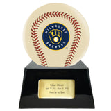 Baseball Cremation Urn with Optional Ivory Milwaukee Brewers Ball Decor and Custom Metal Plaque - ExquisiteUrns