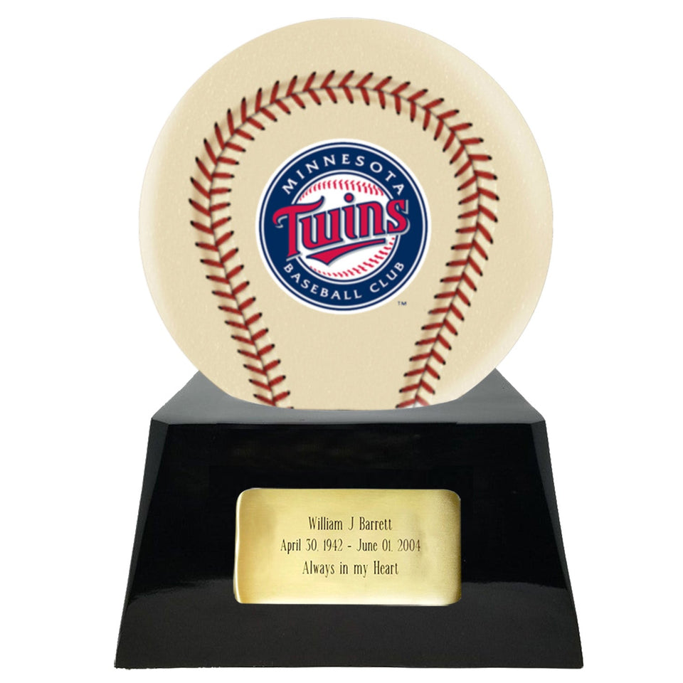 Baseball Cremation Urn with Optional Ivory Minnesota Twins Ball Decor and Custom Metal Plaque - ExquisiteUrns