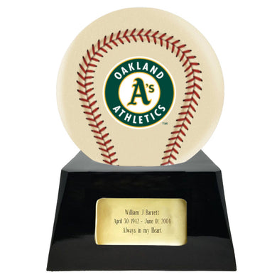 Baseball Cremation Urn with Optional Ivory Oakland Athetics Ball Decor and Custom Metal Plaque - ExquisiteUrns