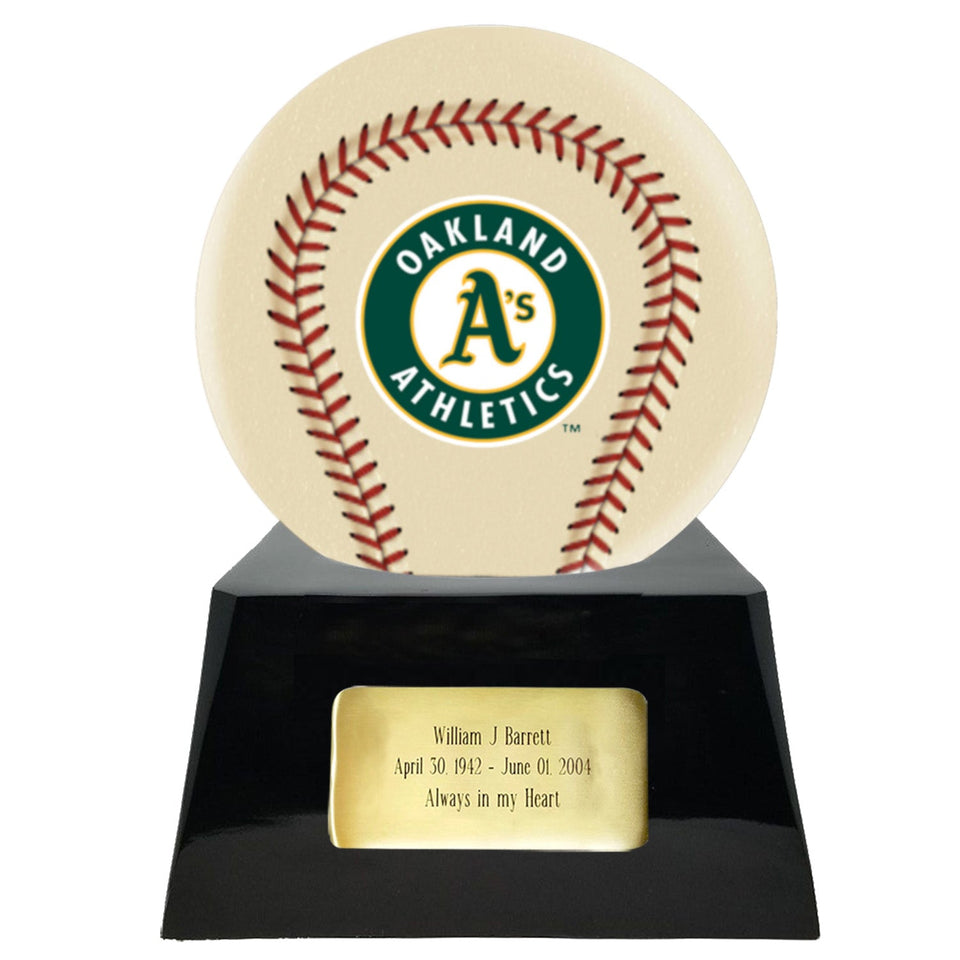 Baseball Cremation Urn with Optional Ivory Oakland Athetics Ball Decor and Custom Metal Plaque - ExquisiteUrns