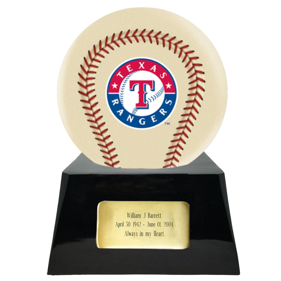 Baseball Cremation Urn with Optional Ivory Texas Rangers Ball Decor and Custom Metal Plaque - ExquisiteUrns