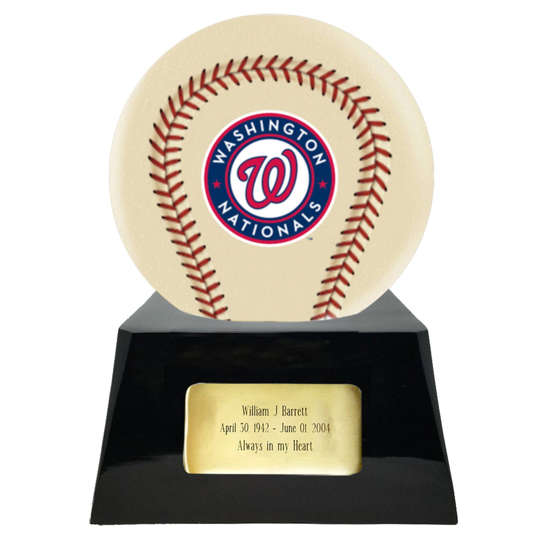 Baseball Cremation Urn with Optional Ivory Washington Nationals Ball Decor and Custom Metal Plaque - ExquisiteUrns