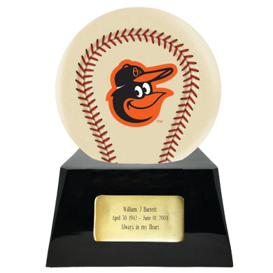Baseball Cremation Urn with Optional Ivory Baltimore Orioles Ball Decor and Custom Metal Plaque - ExquisiteUrns