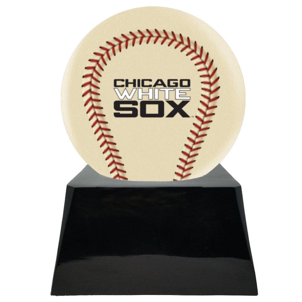 Baseball Cremation Urn with Optional Ivory Chicago White Sox Ball Decor and Custom Metal Plaque - ExquisiteUrns