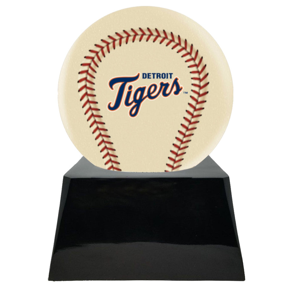 Baseball Cremation Urn with Optional Ivory Detroit Tigers Ball Decor and Custom Metal Plaque - ExquisiteUrns