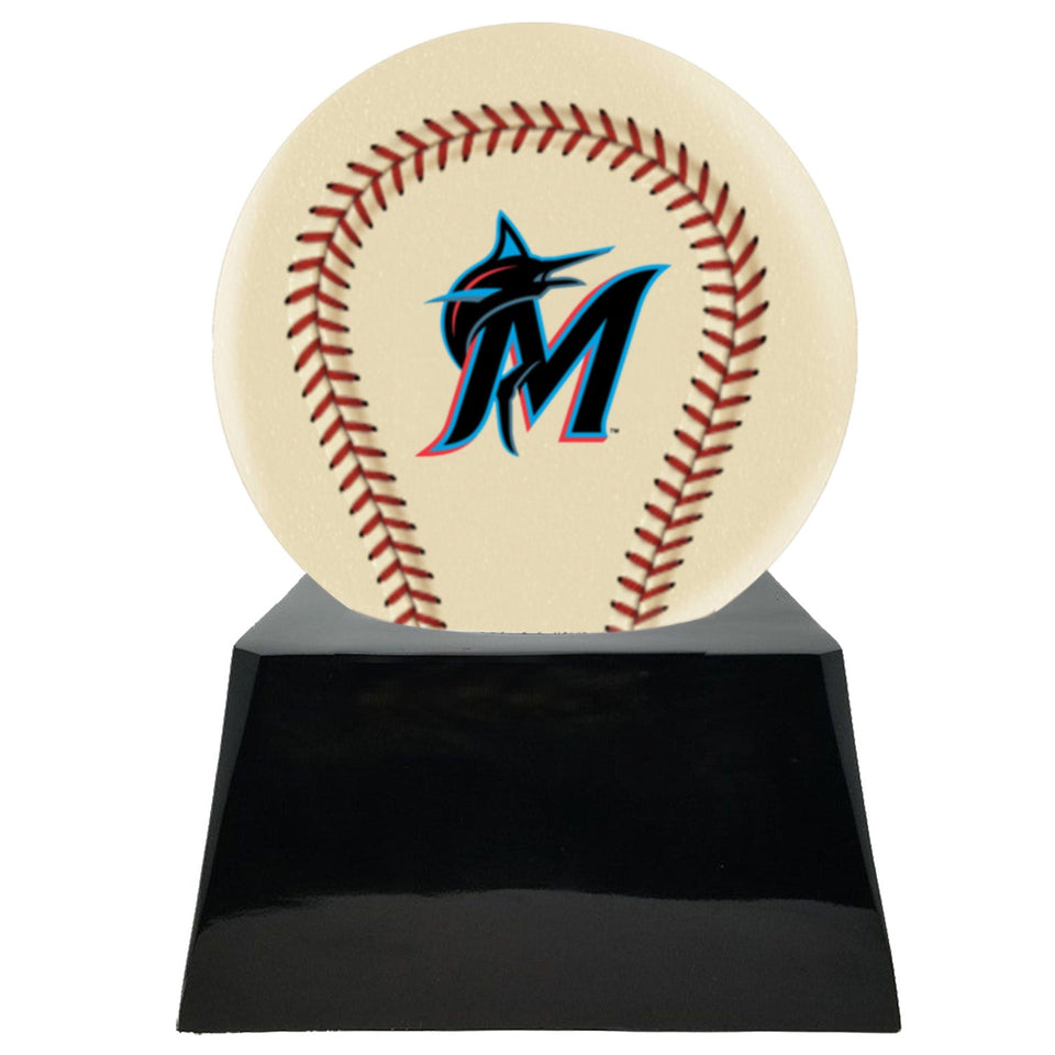 Baseball Cremation Urn with Optional Ivory Miami Marlins Ball Decor and Custom Metal Plaque - ExquisiteUrns