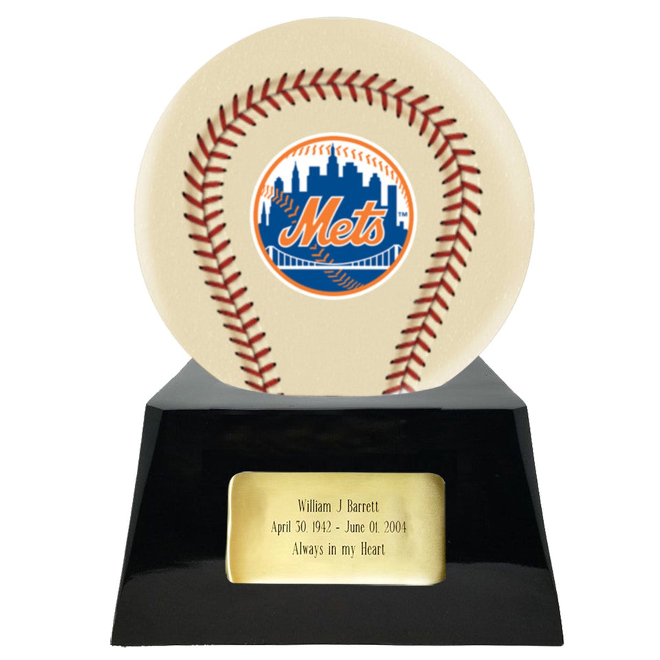 Baseball Cremation Urn with Optional Ivory New York Mets Ball Decor and Custom Metal Plaque - ExquisiteUrns