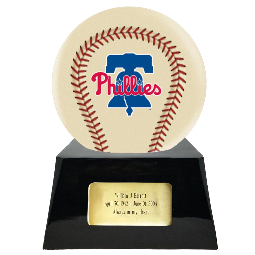 Baseball Cremation Urn with Optional Ivory Philadelphia Phillies Ball Decor and Custom Metal Plaque - ExquisiteUrns